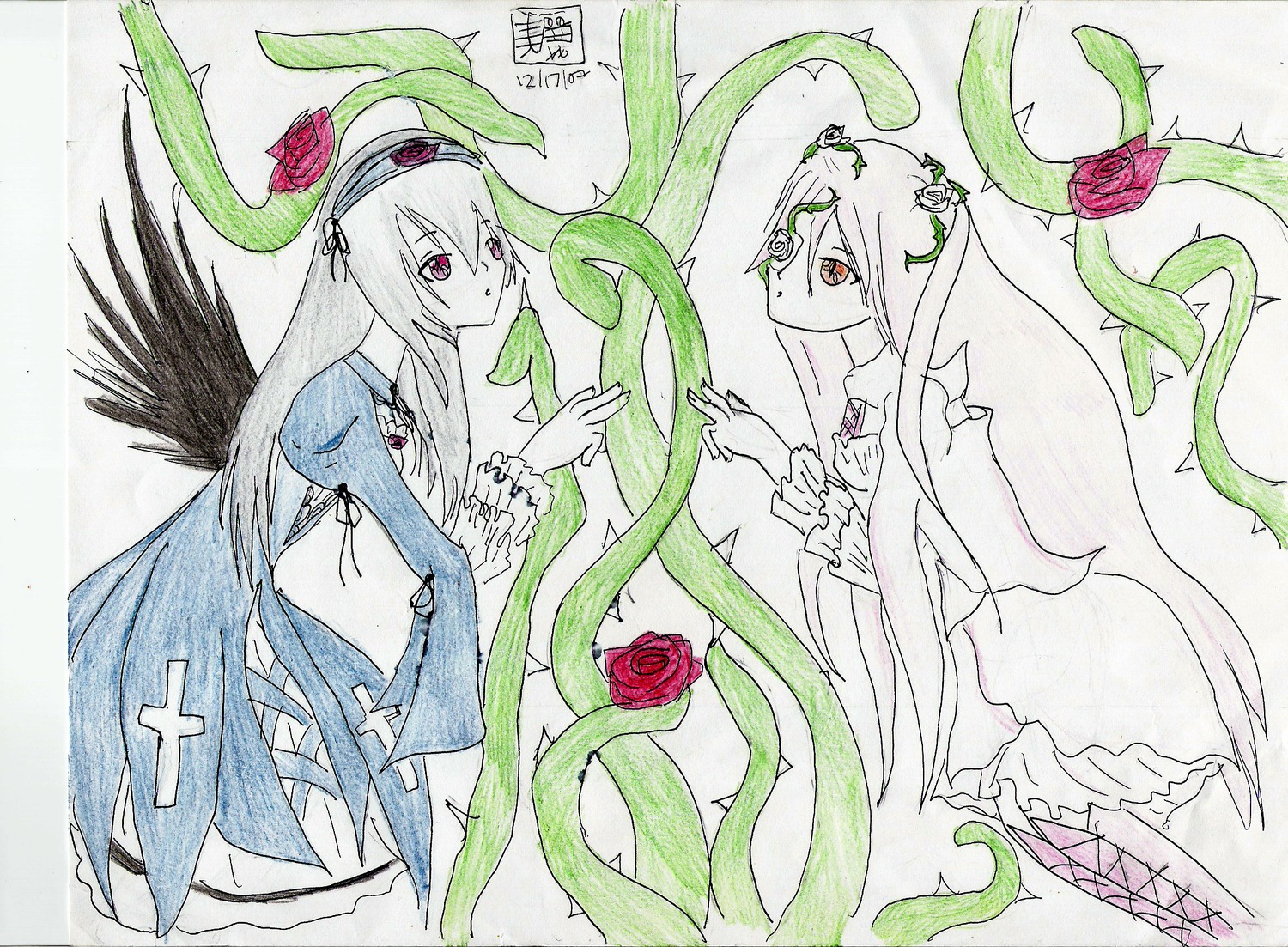 2girls akemi_homura akuma_homura black_hair choker dress dual_persona flower gloves image kirakishou long_hair multiple_girls pair plant red_eyes rose suigintou symmetry thighhighs traditional_media wings