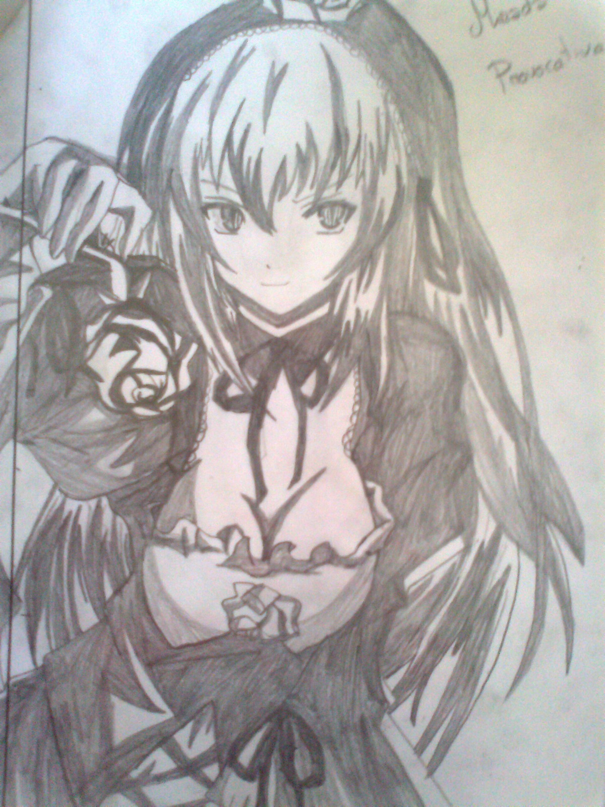 1girl breasts cleavage dress flower image large_breasts long_hair monochrome rose smile solo suigintou traditional_media