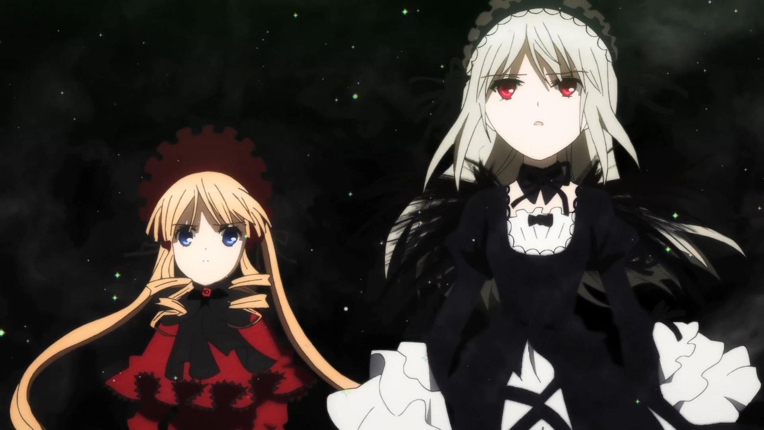 2girls blonde_hair blue_eyes choker dress gothic_lolita image lolita_fashion long_hair long_sleeves multiple_girls night night_sky pair red_eyes shinku sky star_(sky) starry_sky suigintou