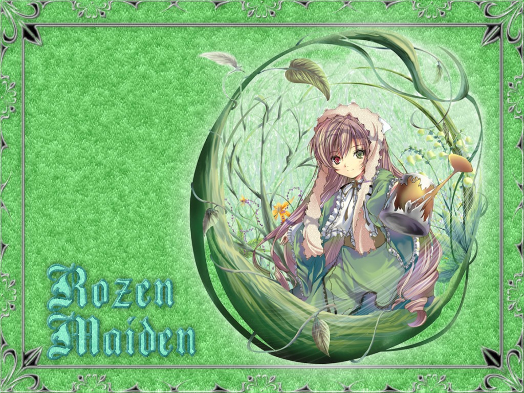 1girl brown_hair dress flower frills green_dress hairband heterochromia long_hair long_sleeves looking_at_viewer plant red_eyes ribbon smile solo suiseiseki very_long_hair watering_can