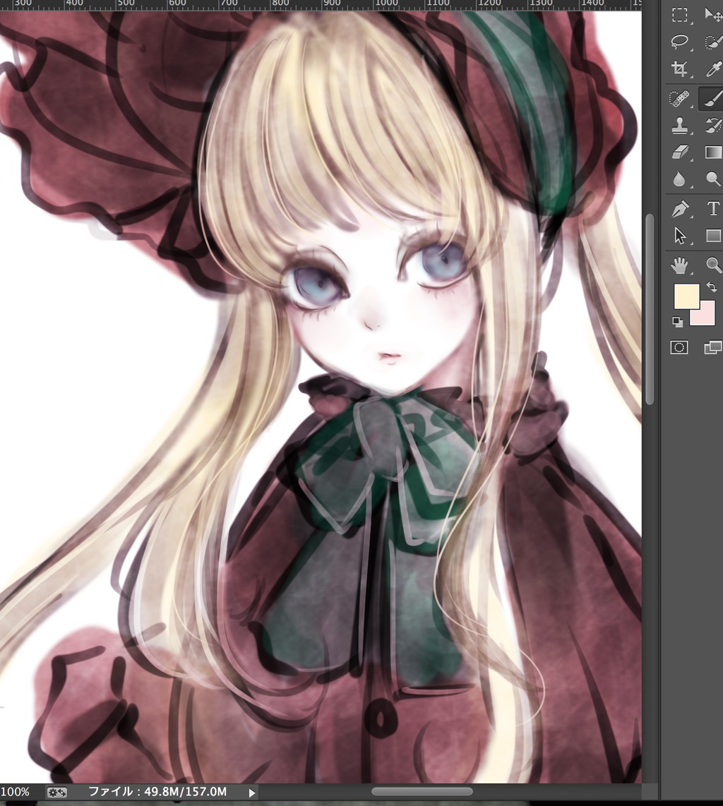 1girl artist_name blonde_hair blue_eyes bonnet bow bowtie copyright_name dress green_bow green_neckwear hair_ribbon image long_hair looking_at_viewer ribbon shinku simple_background solo twintails watermark web_address white_background