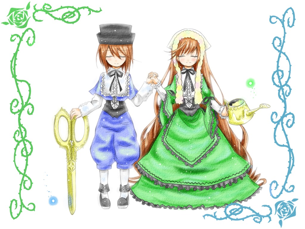 2girls blonde_hair brown_hair closed_eyes dress flower frills green_dress hat head_scarf image long_hair multiple_girls pair pantyhose rose short_hair siblings sisters smile souseiseki suiseiseki twins very_long_hair
