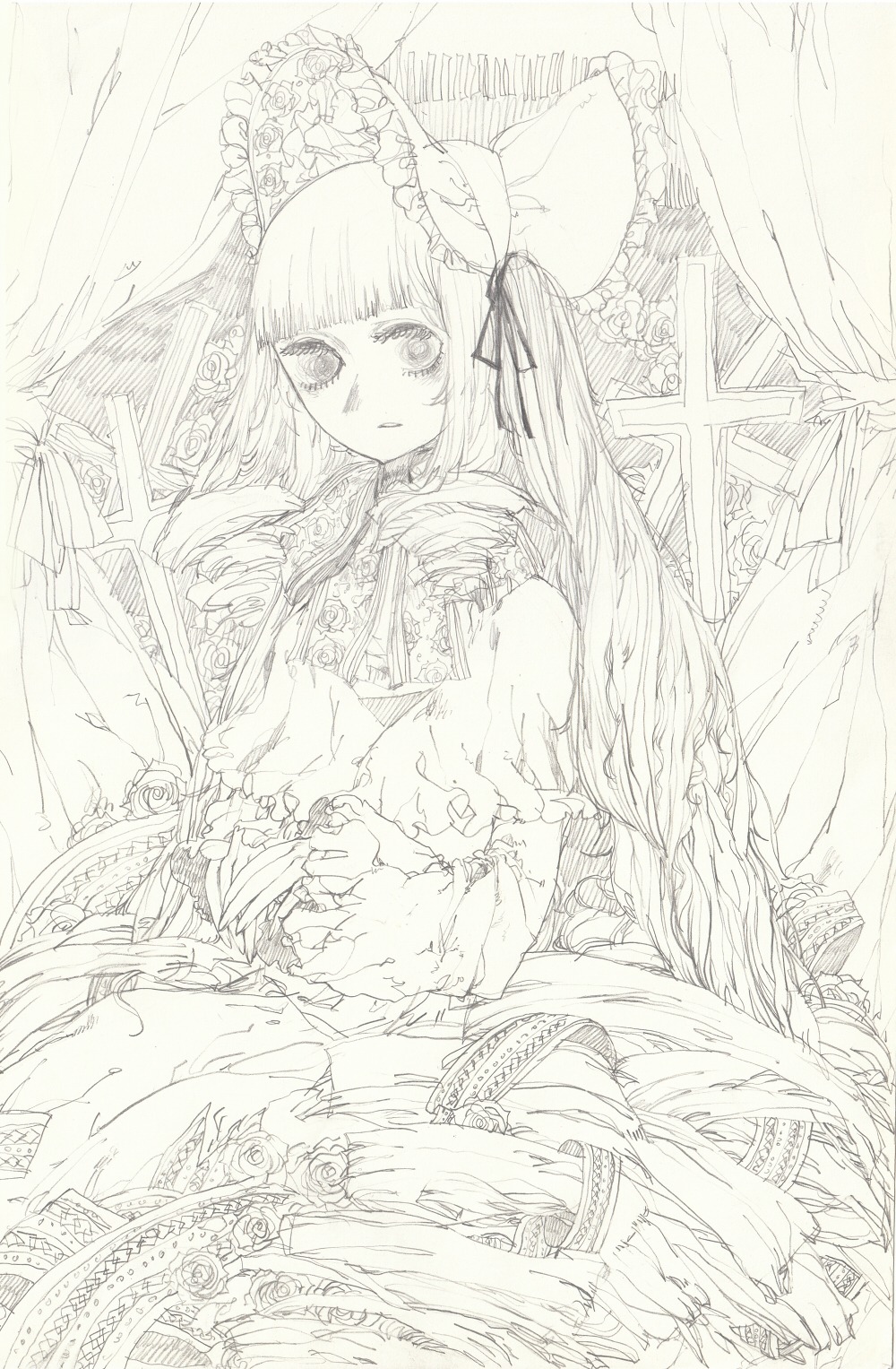 1girl bangs blunt_bangs curtains dress frills greyscale hair_ribbon image lace lolita_fashion long_hair looking_at_viewer monochrome ribbon shinku solo traditional_media very_long_hair
