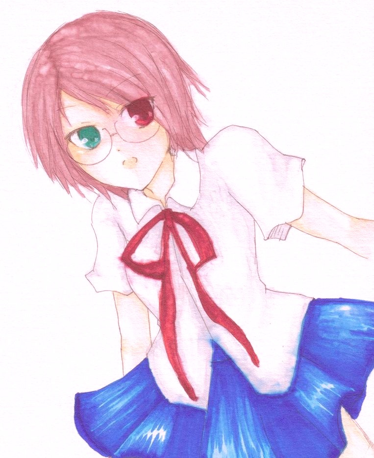 1girl blue_skirt cowboy_shot glasses heterochromia image looking_at_viewer red_eyes ribbon shirt short_hair short_sleeves simple_background skirt solo souseiseki striped striped_background vertical_stripes white_shirt