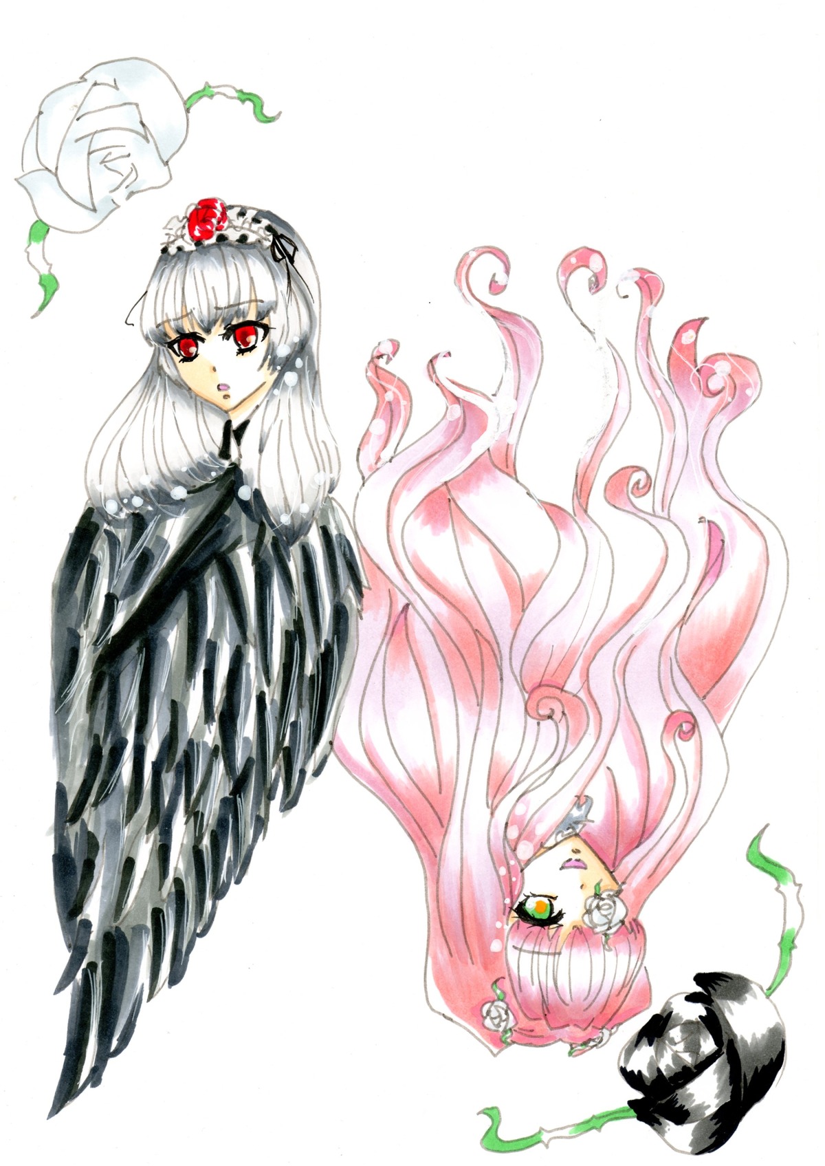 2girls dress flower hair_flower hair_ornament image kirakishou long_hair multiple_girls pair pink_hair plant red_eyes rose striped suigintou vertical_stripes very_long_hair vines white_flower white_hair
