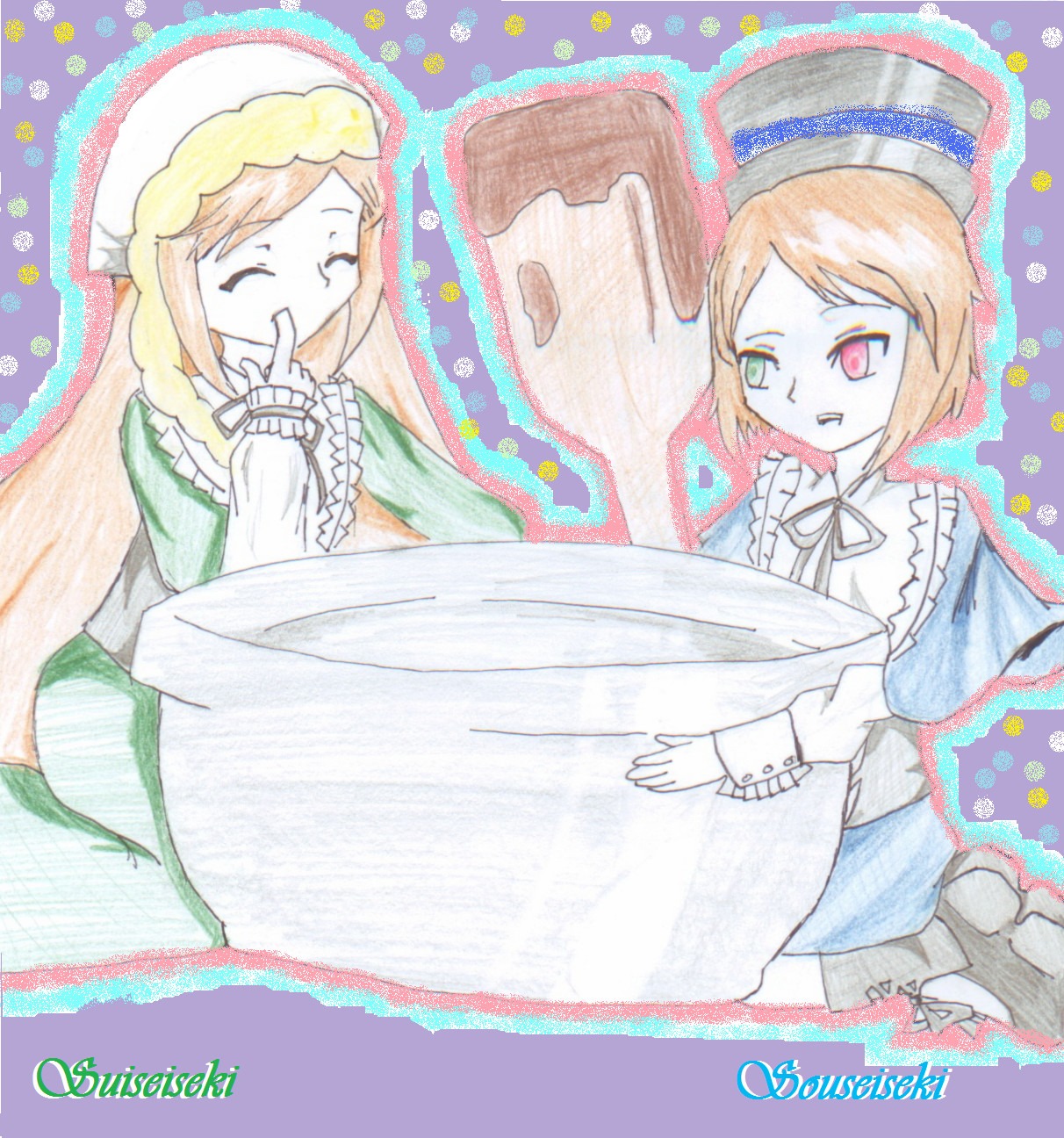 2girls artist_name blonde_hair brown_hair closed_eyes dress frills green_dress hat image long_sleeves multiple_girls pair red_eyes short_hair siblings sisters smile souseiseki suiseiseki traditional_media twins