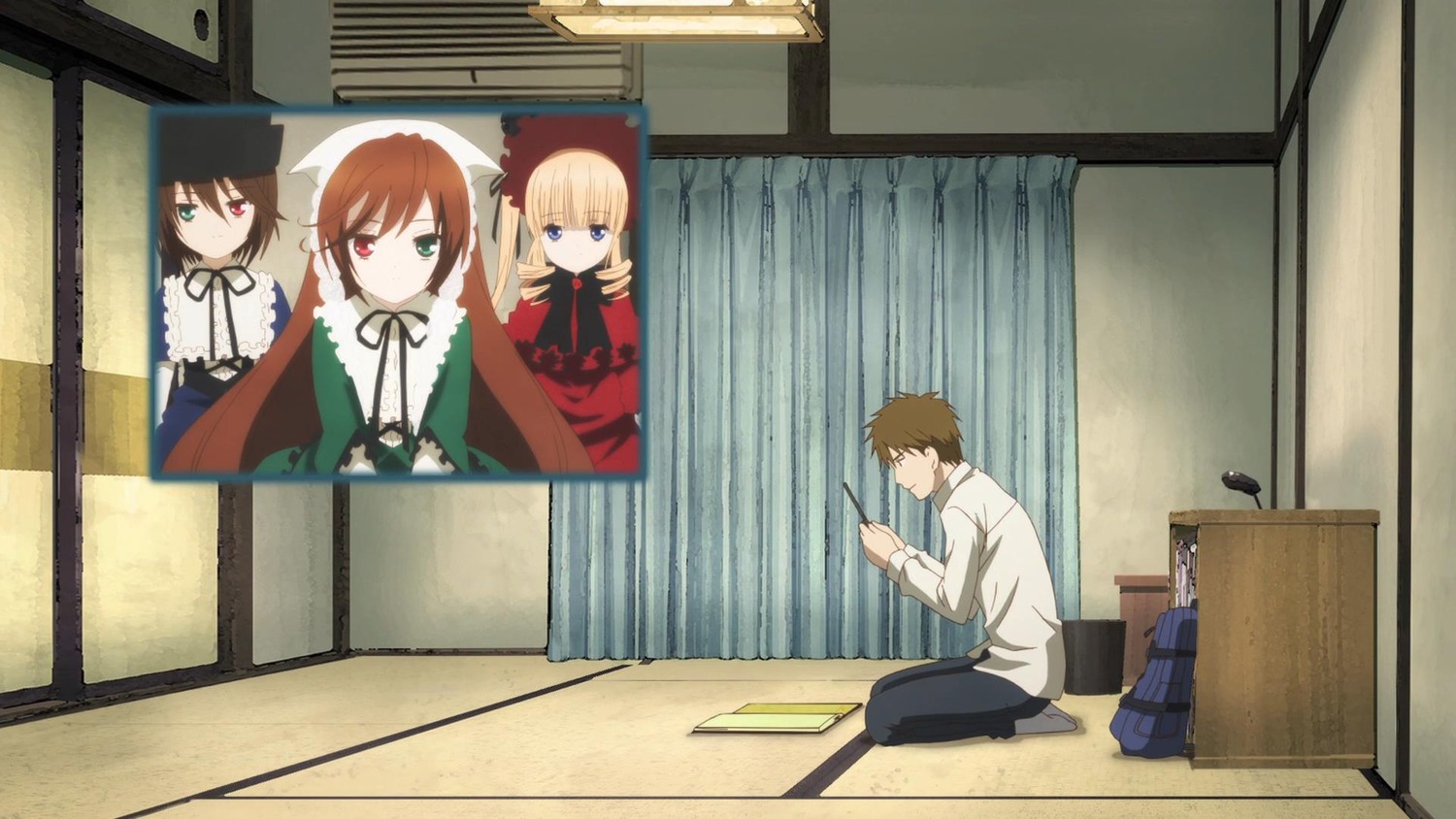 2girls auto_tagged blonde_hair blue_eyes brown_hair dress green_eyes heterochromia image long_hair multiple multiple_girls red_eyes ribbon shinku siblings sitting suiseiseki tagme tatami