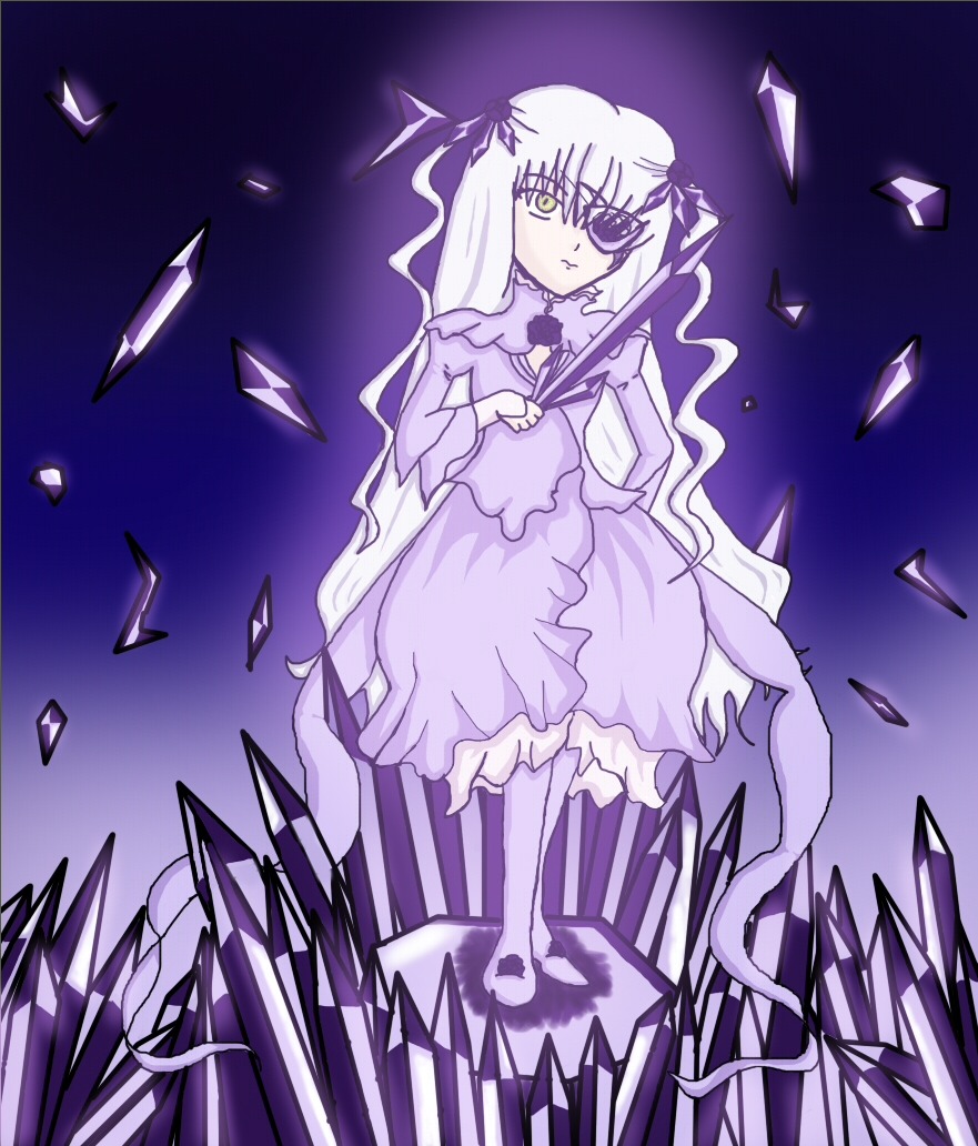 1girl barasuishou crystal dress image long_hair solo standing very_long_hair white_hair yellow_eyes