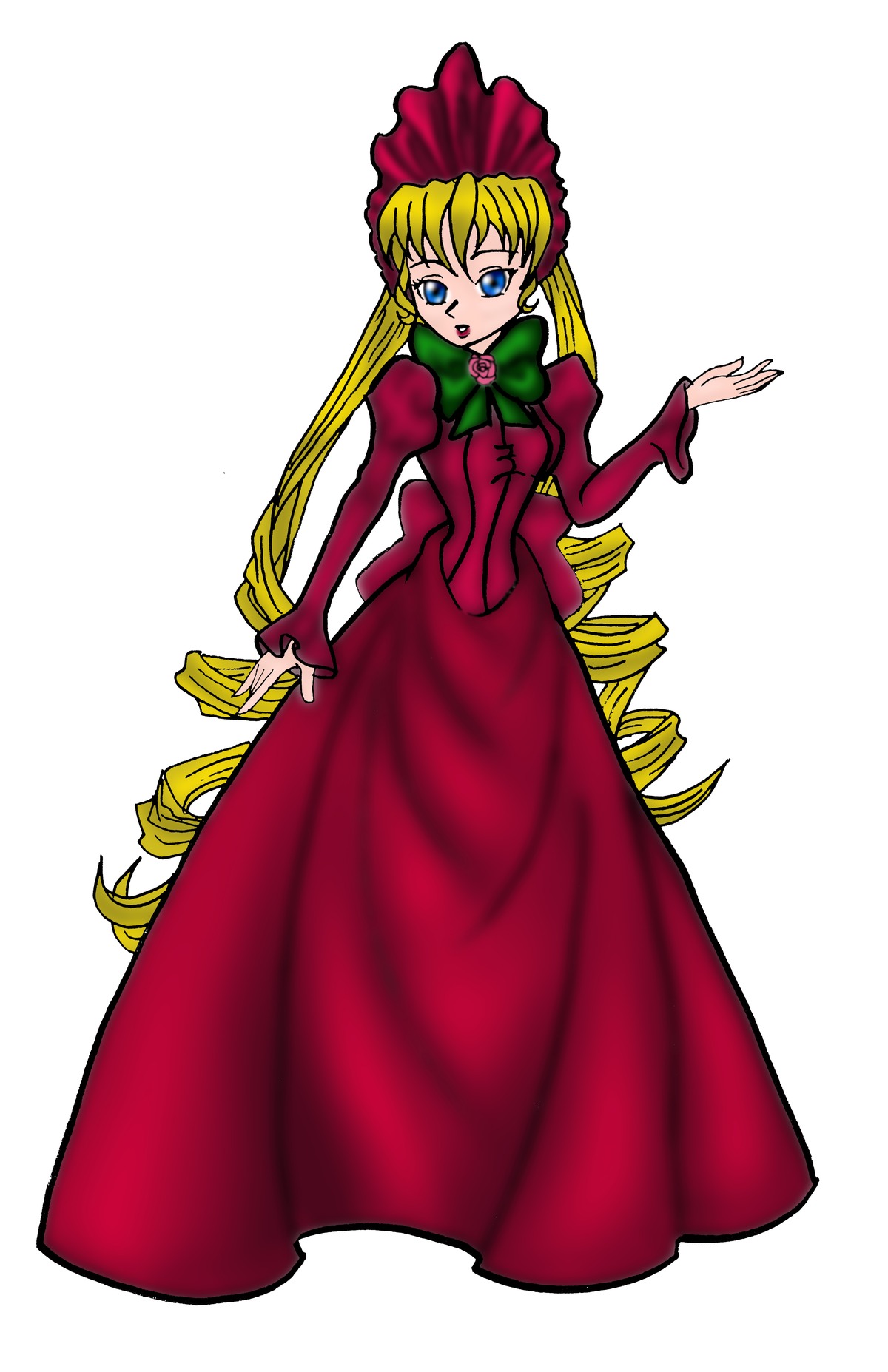 1girl blonde_hair blue_eyes bonnet bow bowtie dress drill_hair full_body green_bow green_neckwear image long_hair long_sleeves looking_at_viewer red_dress shinku simple_background solo standing twin_drills very_long_hair white_background