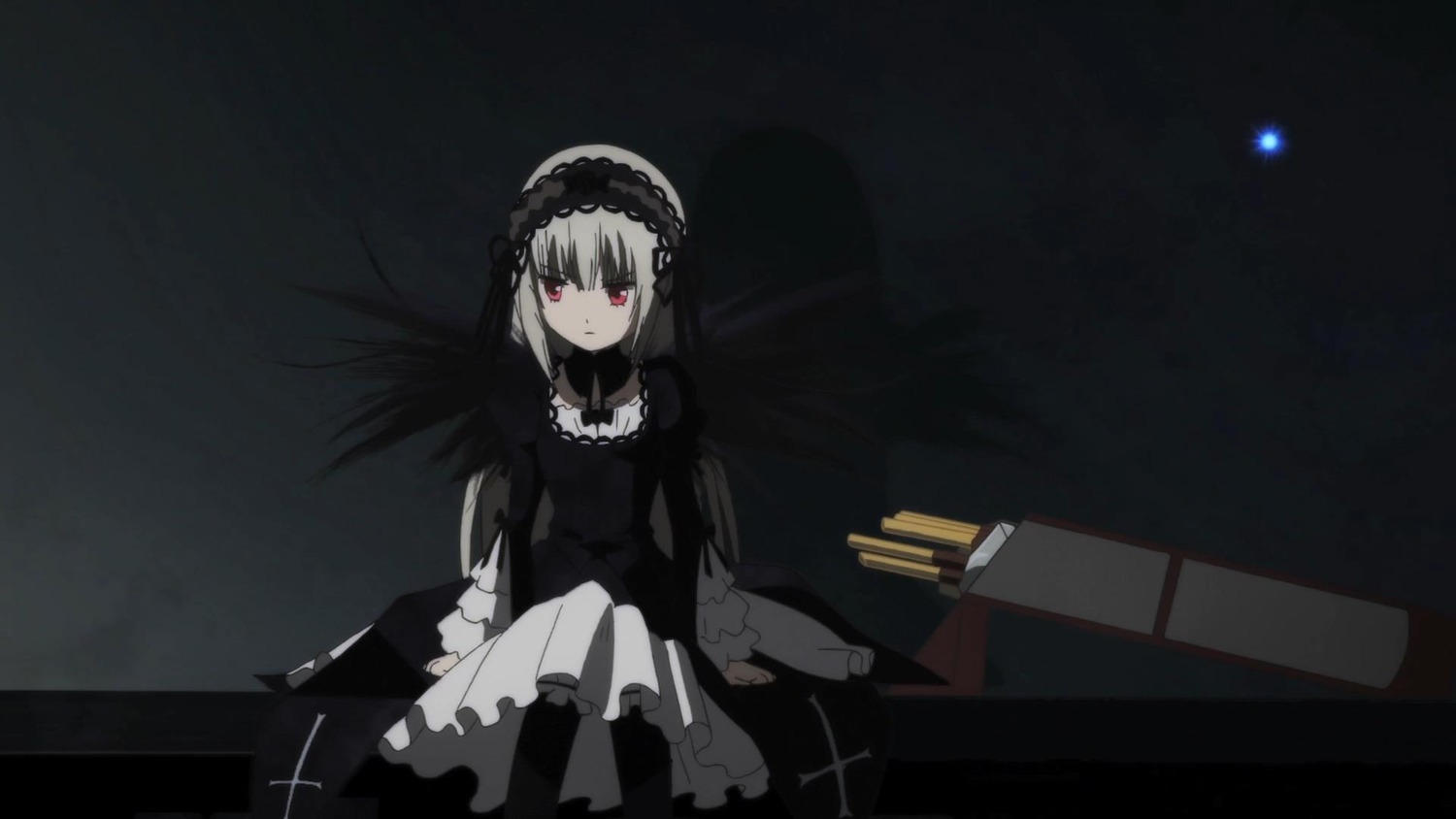 1girl black_dress chair closed_mouth dress frills hairband image long_hair long_sleeves looking_at_viewer red_eyes ribbon rose silver_hair sitting solo suigintou wings