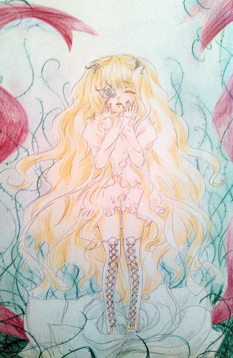 1girl blonde_hair boots closed_eyes cross-laced_footwear dress flower gradient_hair image kirakishou long_hair solo traditional_media very_long_hair watercolor_(medium) wavy_hair