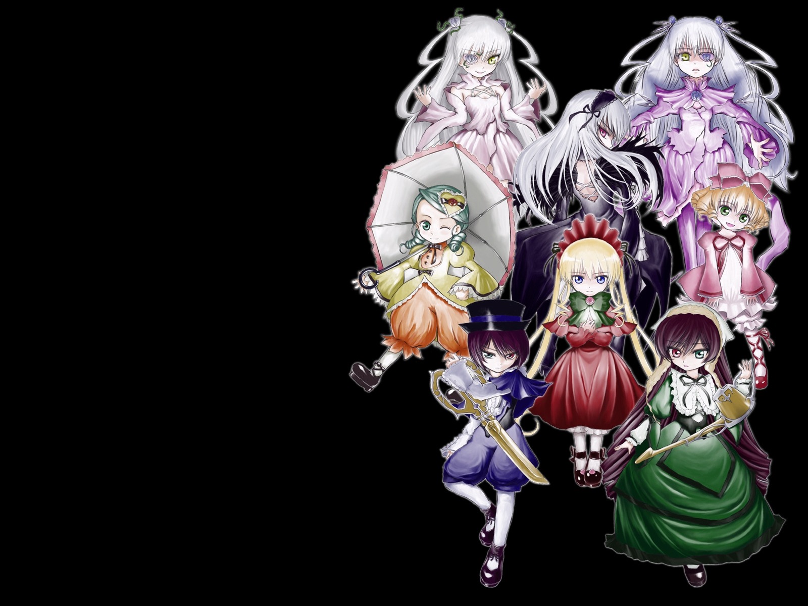 6+girls blonde_hair blue_eyes bow brown_hair dress flower green_eyes gun hairband hat hina_ichigo holding image long_hair mary_janes multiple multiple_girls pink_bow shinku short_hair siblings silver_hair suiseiseki tagme twintails very_long_hair weapon yellow_eyes