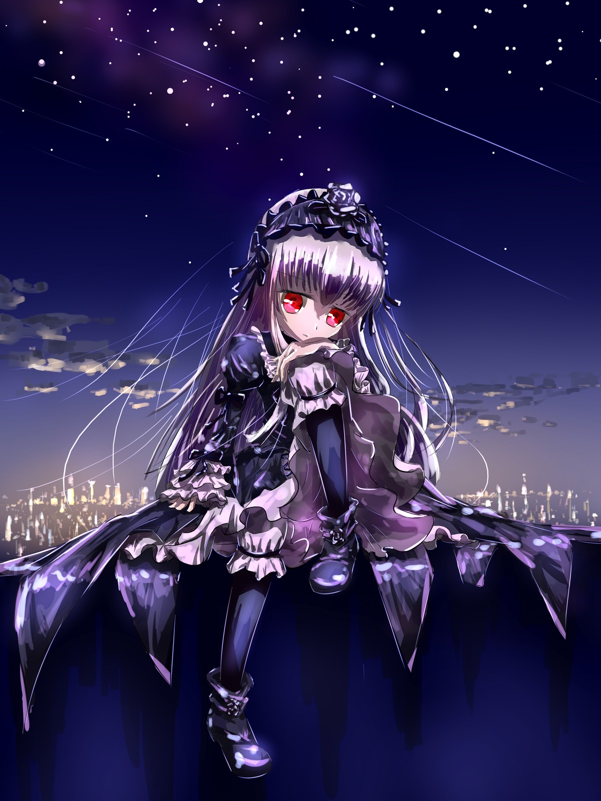1girl black_dress dress frills hairband image joints lolita_fashion lolita_hairband long_hair long_sleeves night night_sky red_eyes shooting_star sky solo standing star_(sky) starry_sky suigintou very_long_hair wings
