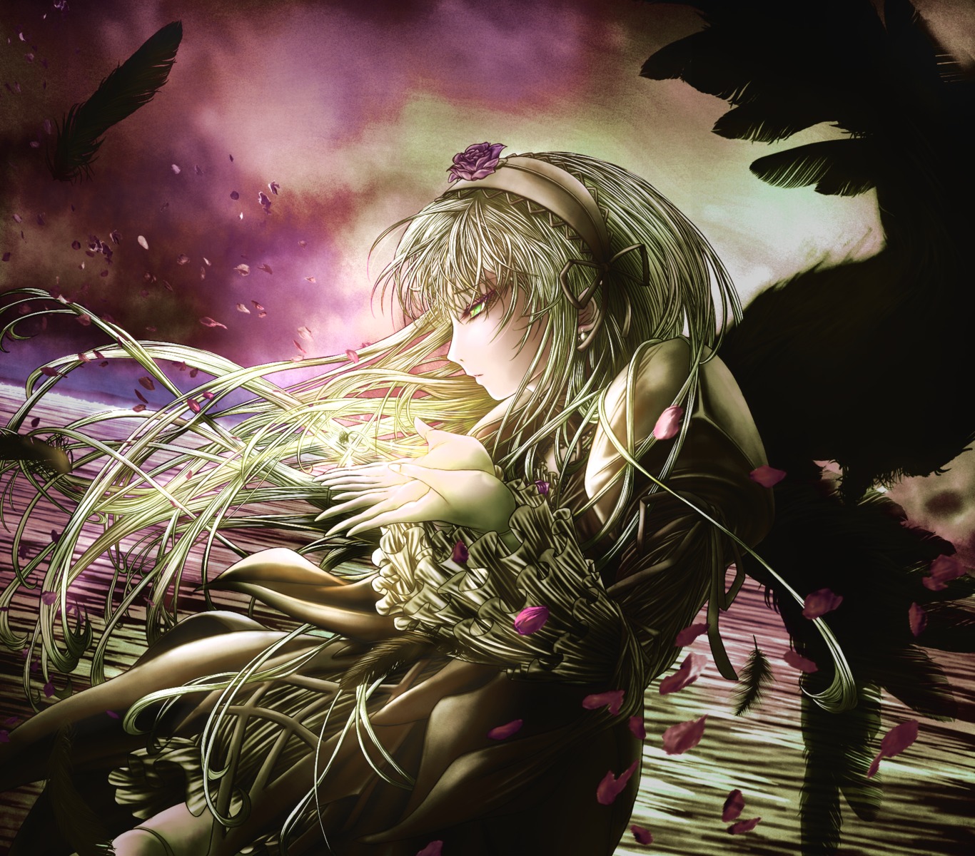 1girl bird dress feathers flower green_eyes green_hair hair_flower hair_ornament hairband image long_hair long_sleeves petals profile solo suigintou very_long_hair wings