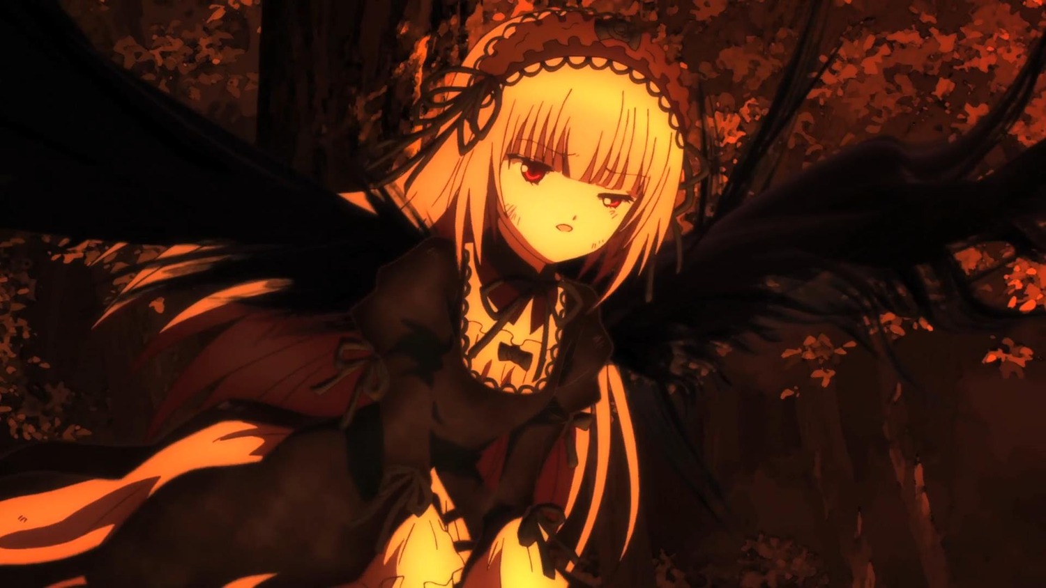 1girl autumn_leaves black_wings blonde_hair dress frills hairband image lolita_hairband long_hair long_sleeves looking_at_viewer ribbon smile solo suigintou tree very_long_hair wings