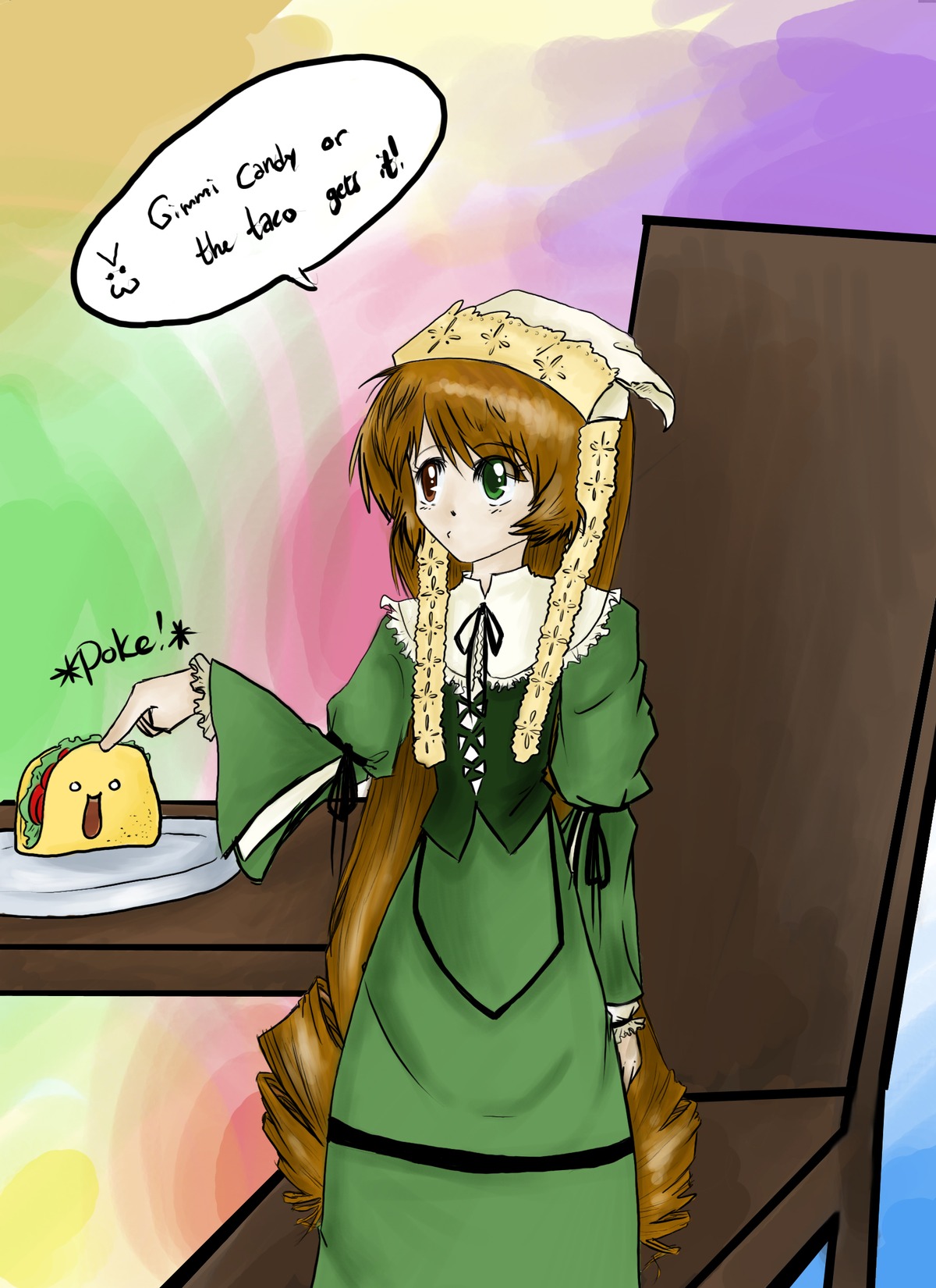 1girl blush brown_hair dress english_text frills green_dress green_eyes head_scarf heterochromia image long_hair long_sleeves looking_at_viewer red_eyes solo speech_bubble standing suiseiseki very_long_hair
