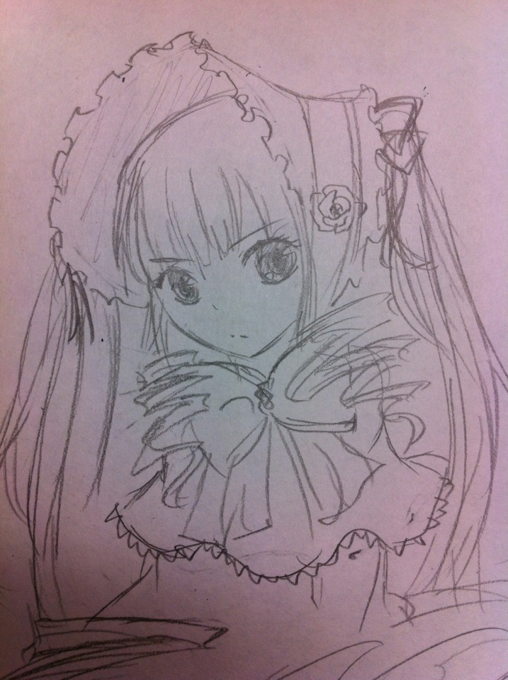 1girl bangs bonnet bow bowtie dress frills image long_hair long_sleeves looking_at_viewer monochrome shinku simple_background solo upper_body