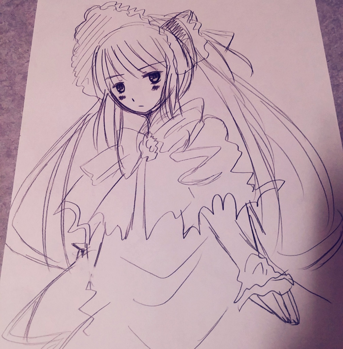 1girl bonnet dress frills image long_hair long_sleeves looking_at_viewer monochrome shinku simple_background solo very_long_hair