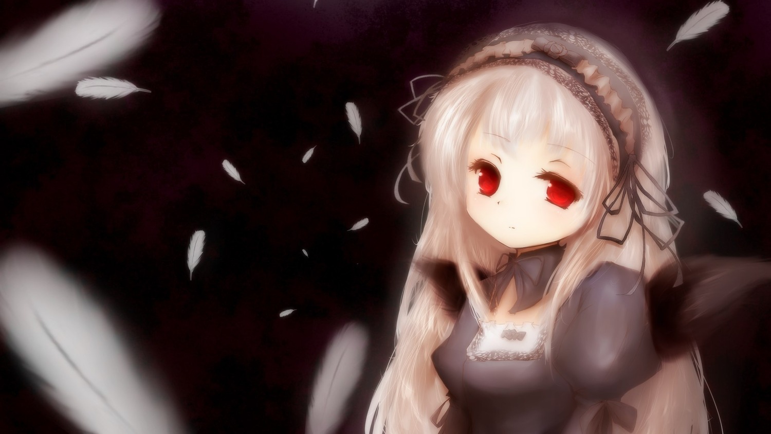 1girl auto_tagged bangs black_dress black_ribbon detached_collar dress expressionless feathers flower frills hairband image juliet_sleeves long_hair long_sleeves looking_at_viewer petals puffy_sleeves red_eyes ribbon silver_hair solo suigintou upper_body wings