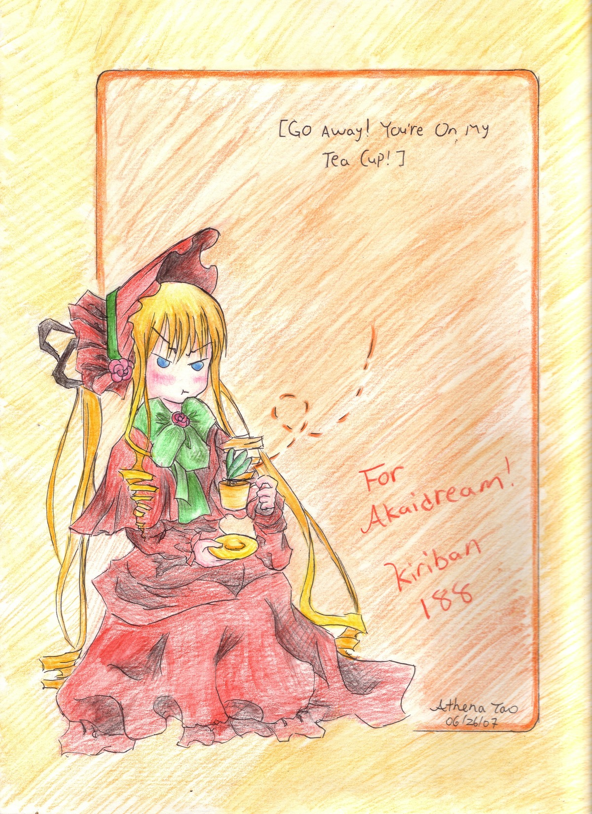 1girl blonde_hair blue_eyes blush bonnet bow bowtie cup dress english_text flower image long_hair long_sleeves red_dress saucer shinku sitting solo tea teacup traditional_media very_long_hair yellow_background