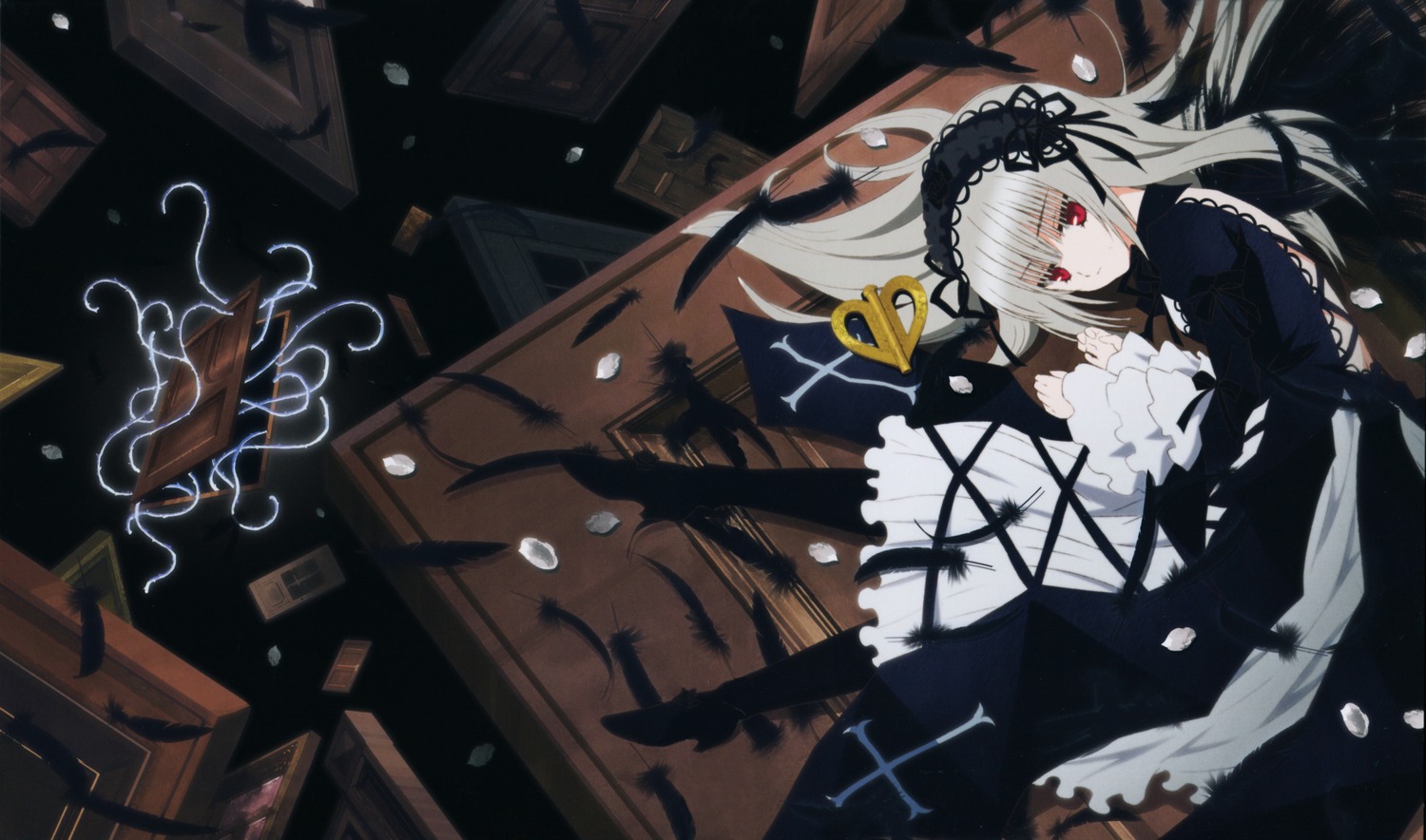 1girl absurdres artist_request auto_tagged bangs boots door dress feathers floating_hair flower frills gothic_lolita hairband highres image lolita_fashion lolita_hairband long_hair long_sleeves official_art photoshop_(medium) red_eyes ribbon rose rozen_maiden scan silver_hair solo suigintou very_long_hair wings