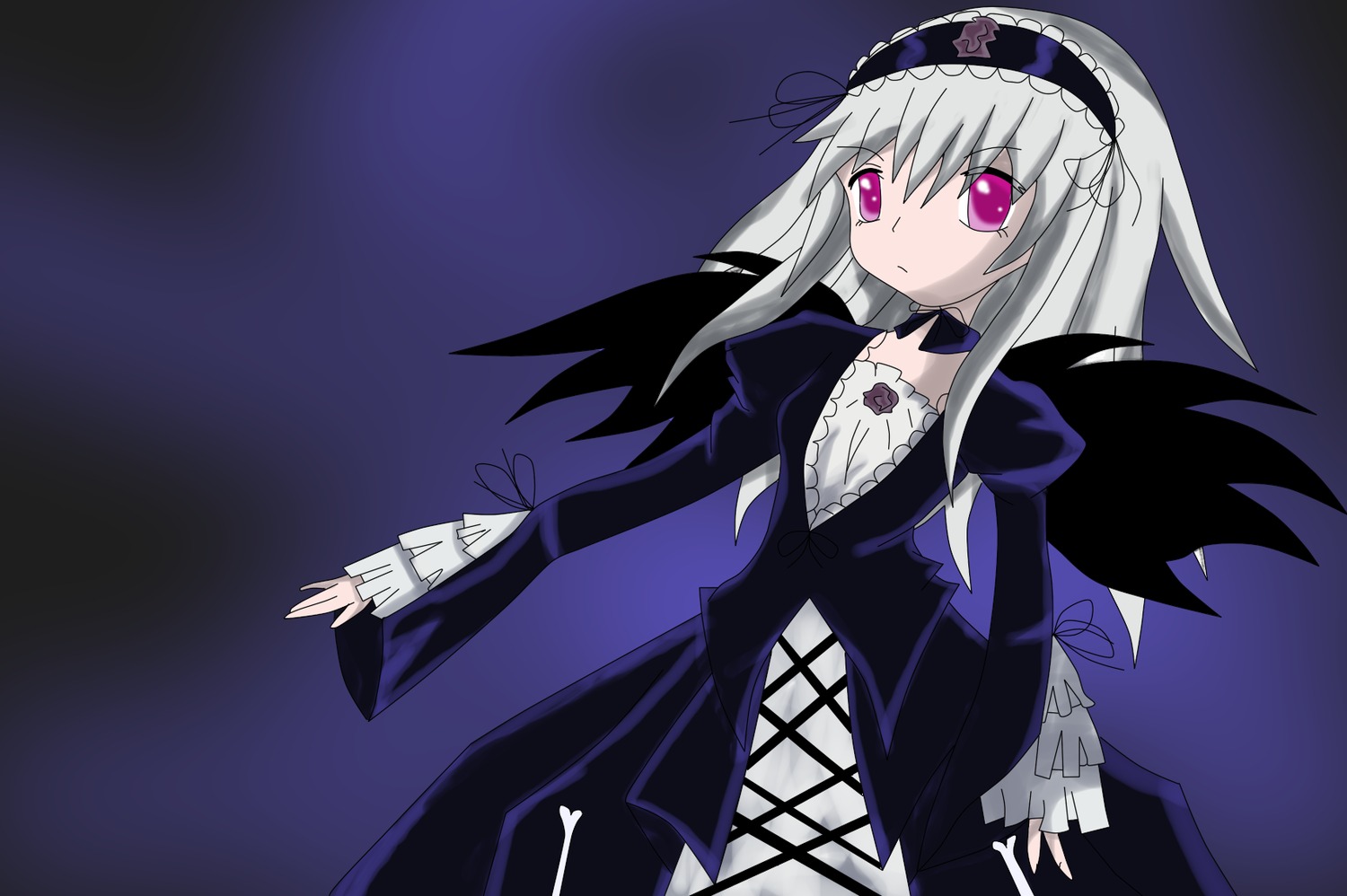 1girl black_dress black_wings cross-laced_clothes detached_collar dress expressionless frills hairband image juliet_sleeves lolita_fashion lolita_hairband long_hair long_sleeves looking_at_viewer pink_eyes puffy_sleeves purple_background silver_hair solo suigintou wings