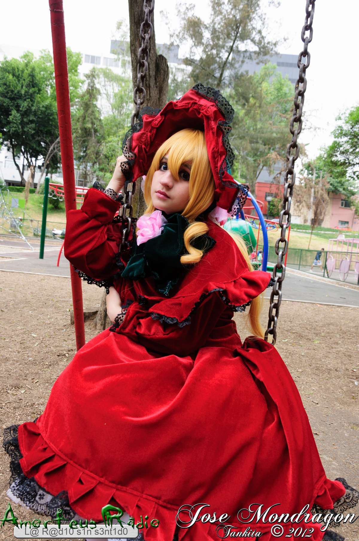 1girl blonde_hair blue_eyes chain chained dress red_dress shinku solo