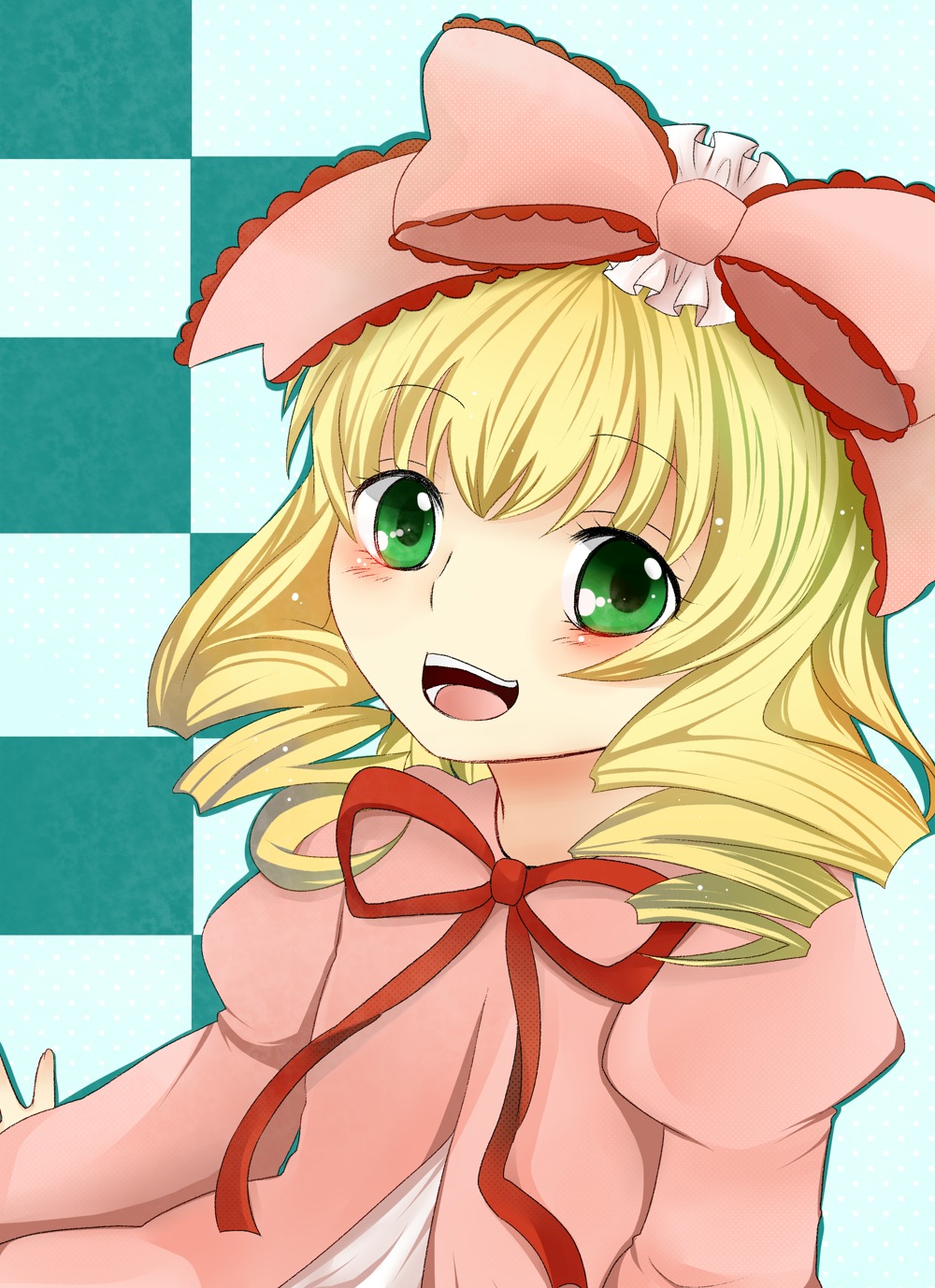 1girl argyle argyle_background argyle_legwear auto_tagged blonde_hair blush board_game bow checkered checkered_background checkered_floor checkered_skirt chess_piece drill_hair green_eyes halftone_background hina_ichigo hinaichigo image open_mouth perspective polka_dot ribbon short_hair smile solo tile_floor tiles