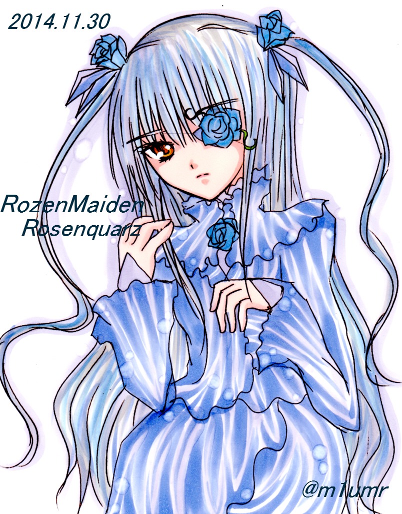 1girl barasuishou blue_flower blue_rose dress eyepatch flower image long_hair long_sleeves looking_at_viewer ribbon rose solo striped vertical-striped_dress vertical_stripes very_long_hair
