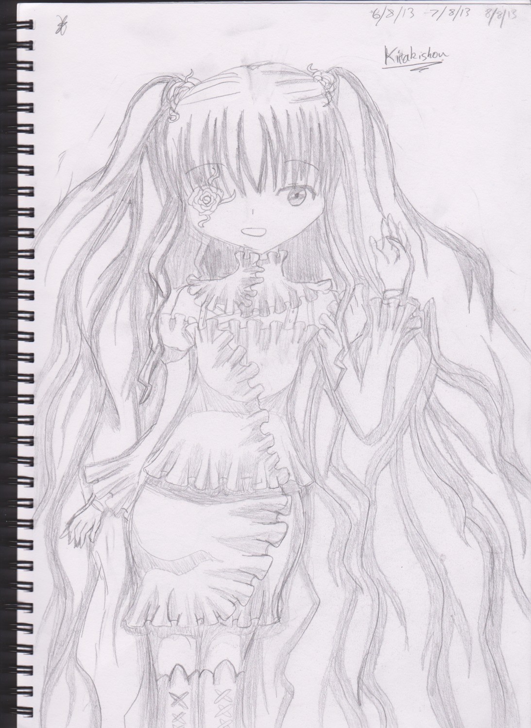 1girl 86800 bow dress greyscale image kirakishou long_hair looking_at_viewer monochrome solo thighhighs traditional_media two_side_up very_long_hair zettai_ryouiki