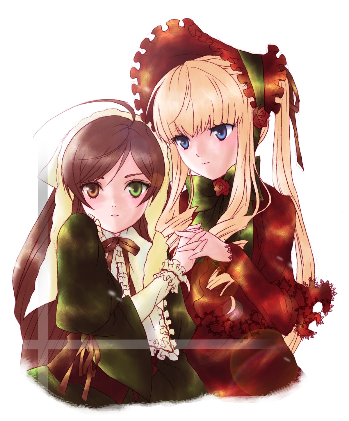 2girls ahoge blonde_hair blue_eyes blush bonnet bow brown_hair dress drill_hair flower head_scarf holding_hands image long_hair long_sleeves multiple_girls pair rose shinku simple_background suiseiseki twintails white_background