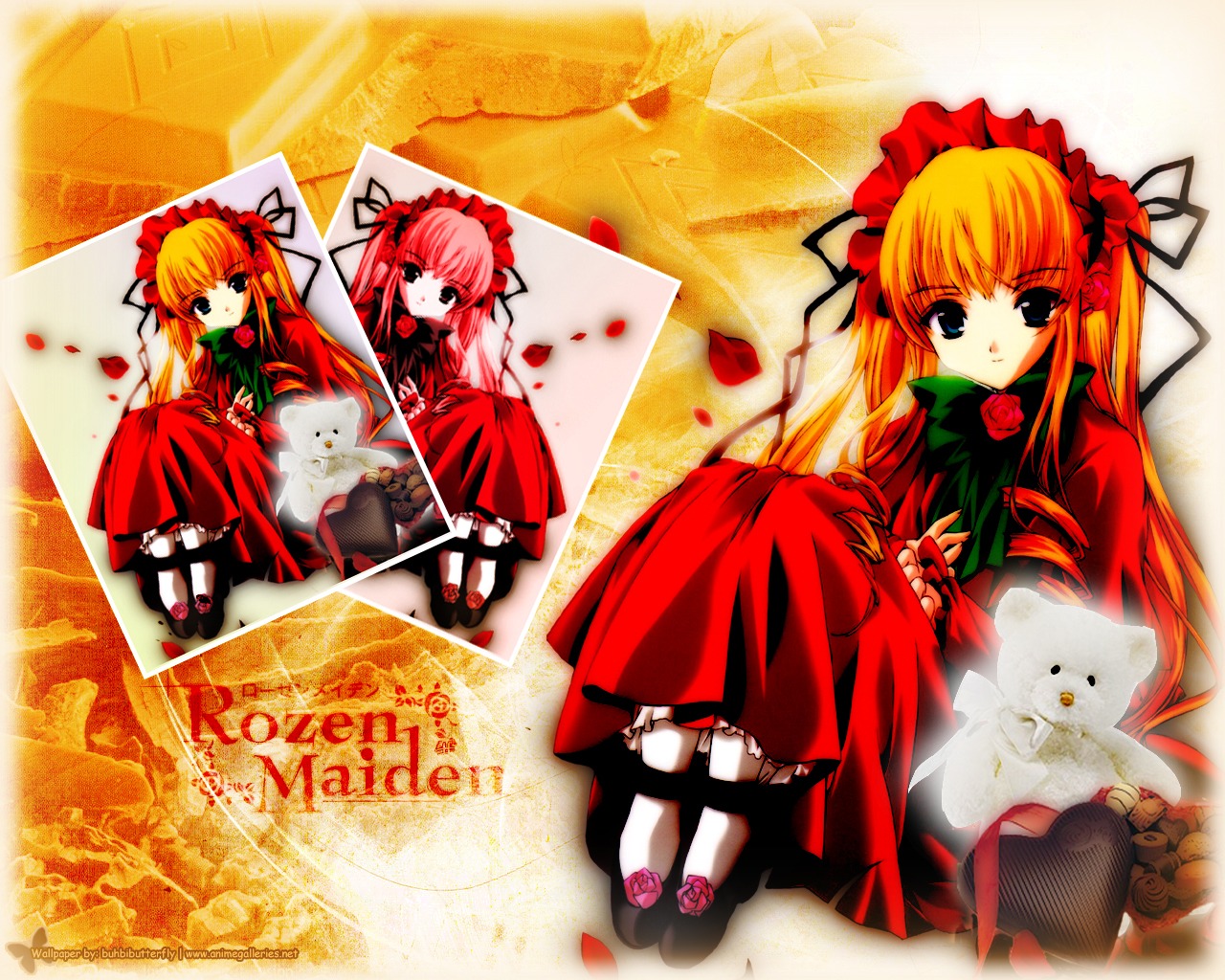 3girls blonde_hair blue_eyes bonnet bow bowtie capelet cat dress flower frills green_bow image long_hair long_sleeves looking_at_viewer multiple_girls petals red_dress rose rose_petals shinku sitting solo stuffed_animal twintails