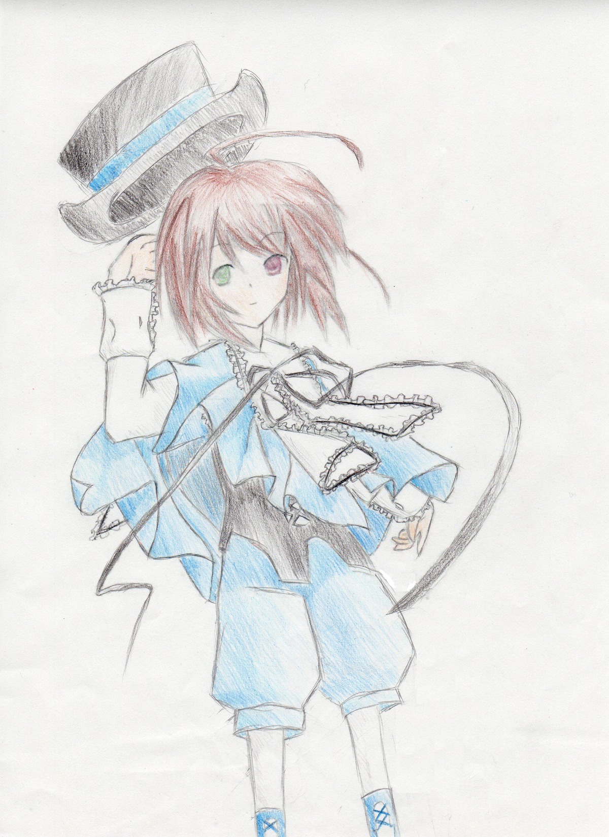 1girl ahoge auto_tagged cape capelet full_body green_eyes hat hat_removed headwear_removed heterochromia image long_sleeves pants red_eyes red_hair short_hair solo souseiseki standing top_hat