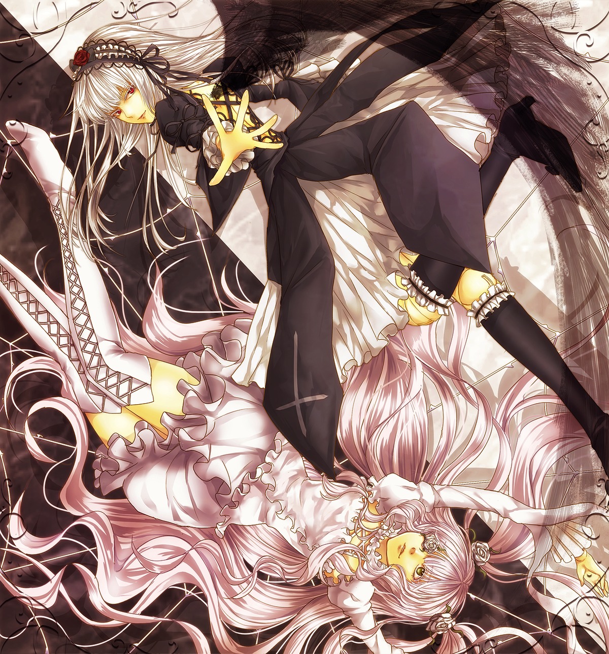 2girls black_wings boots dress flower frills hairband image kirakishou long_hair multiple_girls pair pink_hair red_eyes ribbon rose silver_hair suigintou thigh_boots thighhighs two_side_up ultimate_madoka very_long_hair white_dress wings