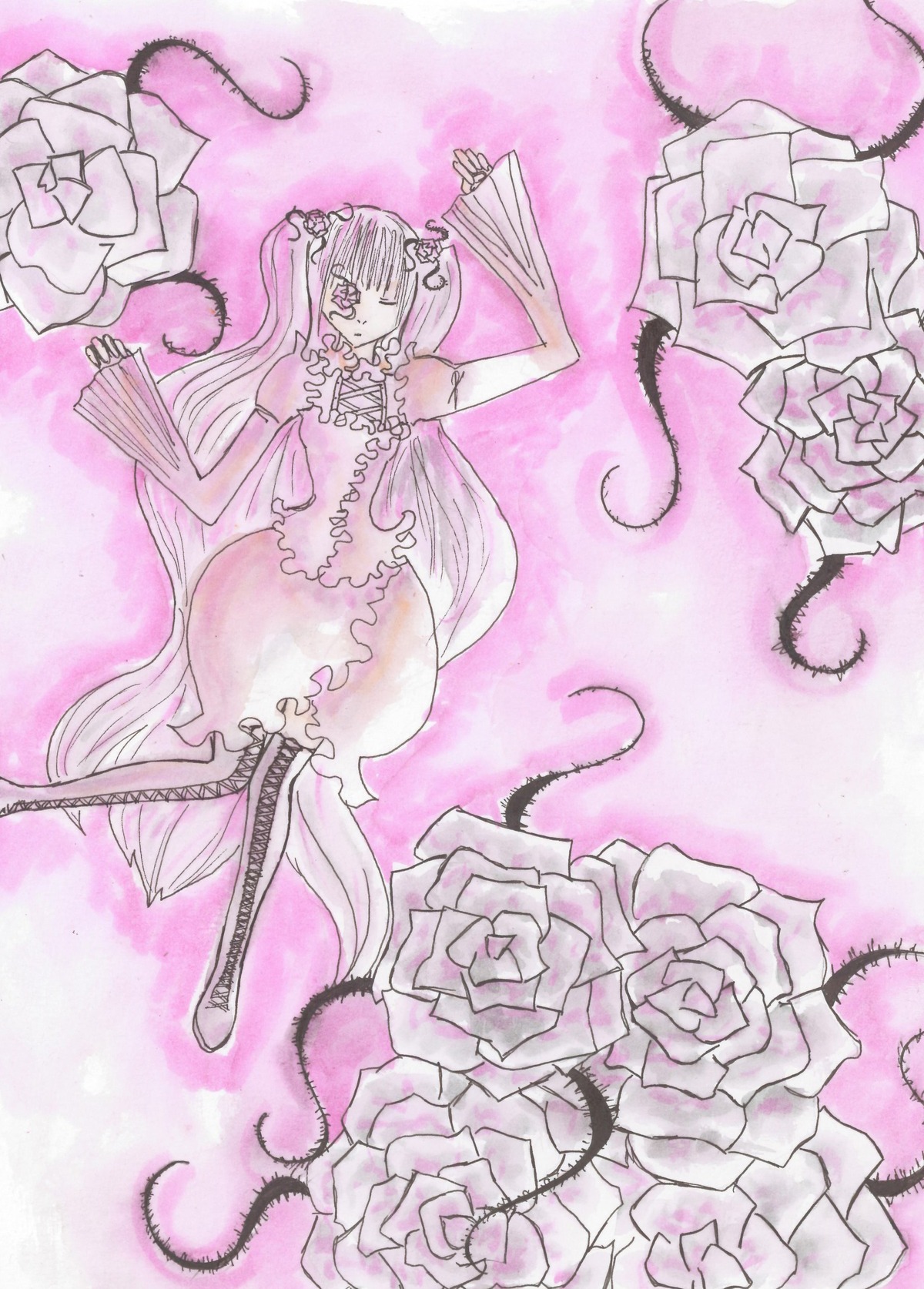 1girl boots bouquet dress flower frills image kirakishou knee_boots long_hair pink_background pink_flower pink_rose pink_theme purple_rose rose solo thighhighs thorns traditional_media white_rose
