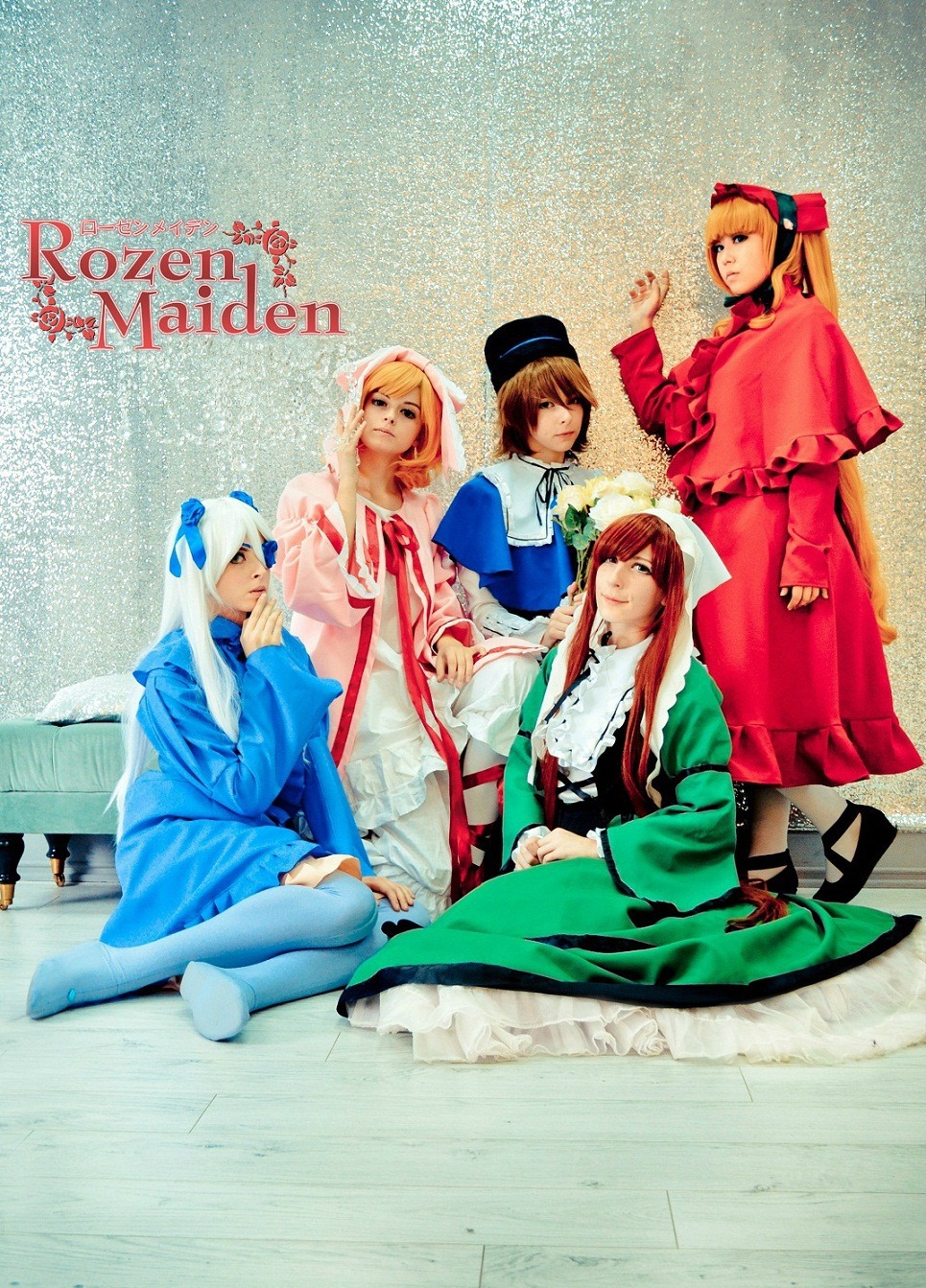 4girls 91076 blonde_hair blue_eyes brown_hair dress frills hat long_hair multiple_boys multiple_cosplay multiple_girls tagme
