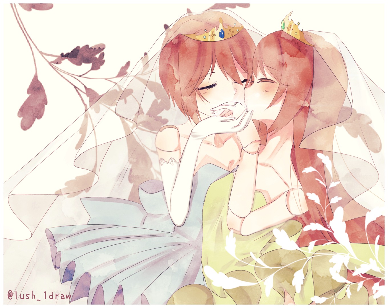 2girls bare_shoulders bridal_veil closed_eyes crown dress elbow_gloves flower gloves image kiss long_hair lush miki_sayaka multiple_girls pair red_hair sakura_kyouko short_hair souseiseki suiseiseki tiara veil wedding_dress wife_and_wife yuri
