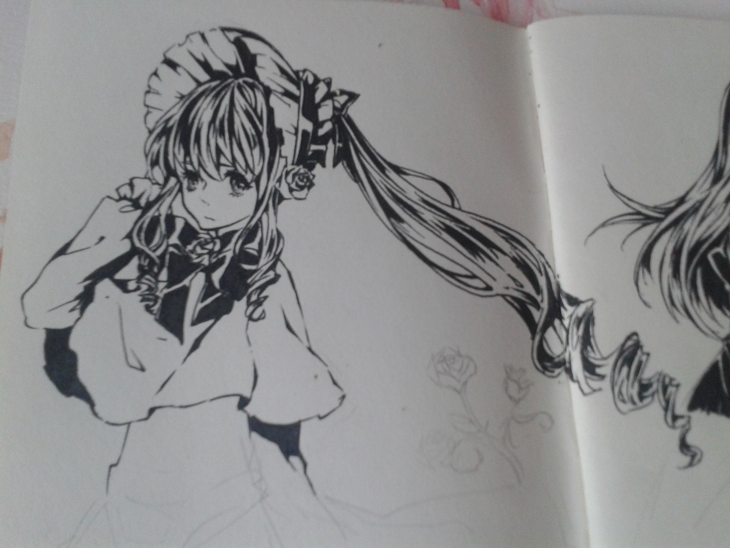 1girl auto_tagged bonnet dress drill_hair flower frills greyscale image long_hair long_sleeves looking_at_viewer monochrome photo rose shinku solo traditional_media