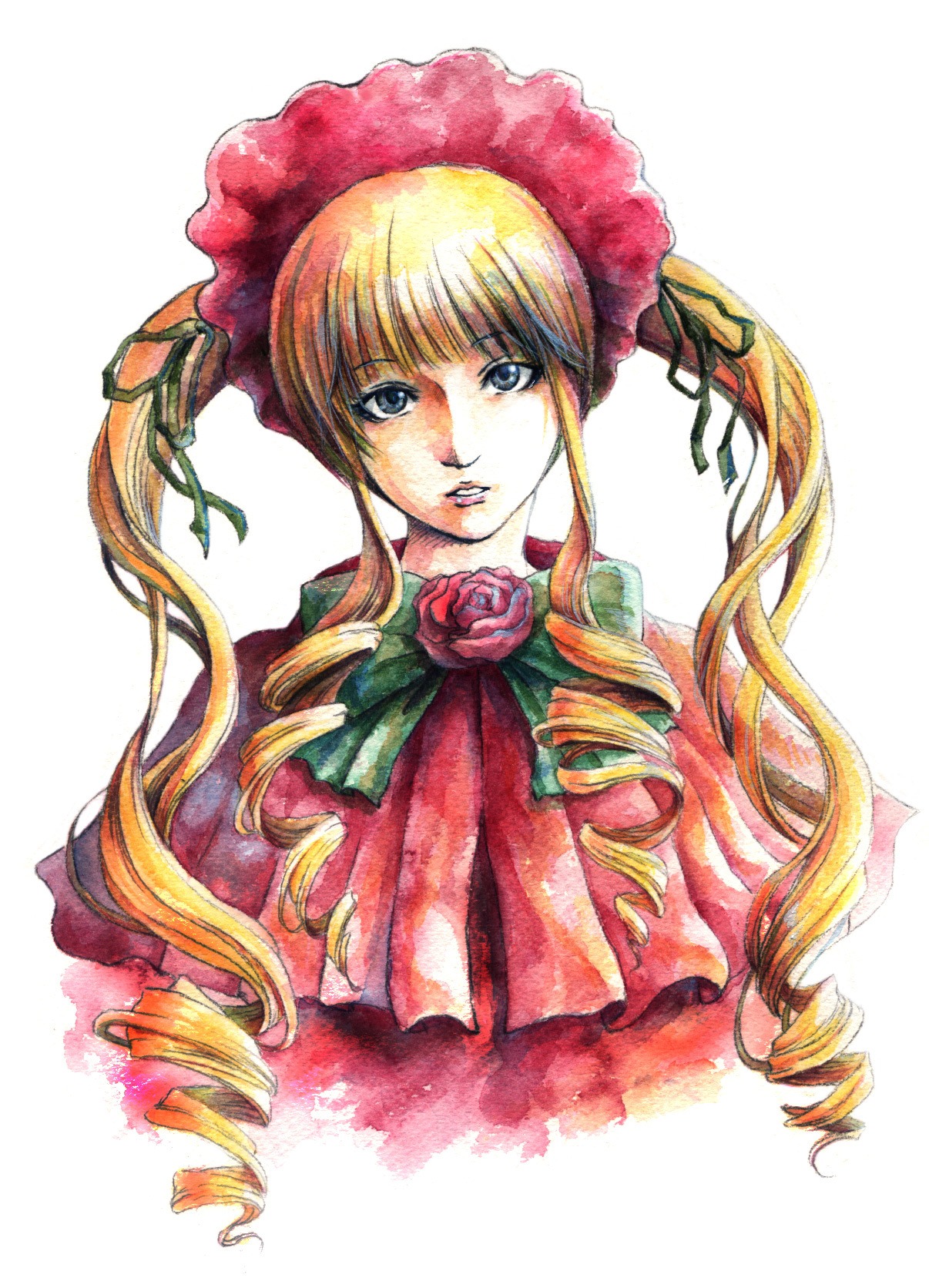 1girl blonde_hair blue_eyes bonnet bow bowtie drill_hair flower image long_hair long_sleeves looking_at_viewer pink_flower pink_rose ringlets rose shinku sidelocks simple_background solo twin_drills upper_body white_background