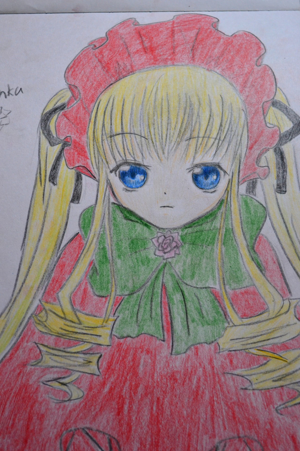 1girl blonde_hair blue_eyes bonnet bow bowtie dress drill_hair flower hat image long_hair long_sleeves looking_at_viewer marker_(medium) photo pink_flower pink_rose rose shinku simple_background solo traditional_media twintails very_long_hair
