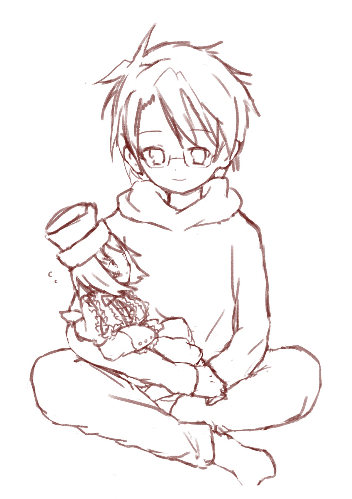 2boys blush glasses hat image long_sleeves monochrome multiple_boys sakurada_jun scarf simple_background sitting smile solo souseiseki white_background winter_clothes