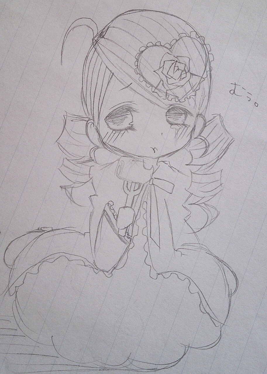 1girl :t bow dress drill_hair flower frills greyscale hair_ornament image kanaria long_sleeves monochrome photo pout rose solo tears traditional_media twin_drills