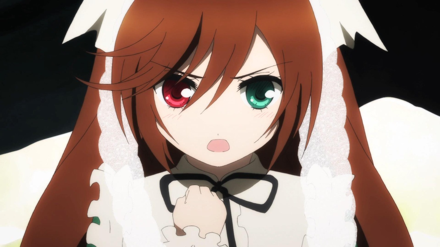 1girl :o black_ribbon brown_hair dress green_eyes heterochromia image long_sleeves looking_at_viewer neck_ribbon open_mouth red_eyes ribbon simple_background solo suiseiseki tears white_background wings