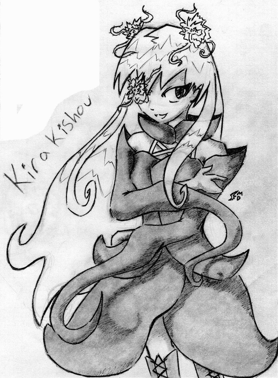 1girl breasts elbow_gloves greyscale hair_ornament image kirakishou long_hair monochrome monster_girl pokemon_(creature) smile solo thighhighs traditional_media