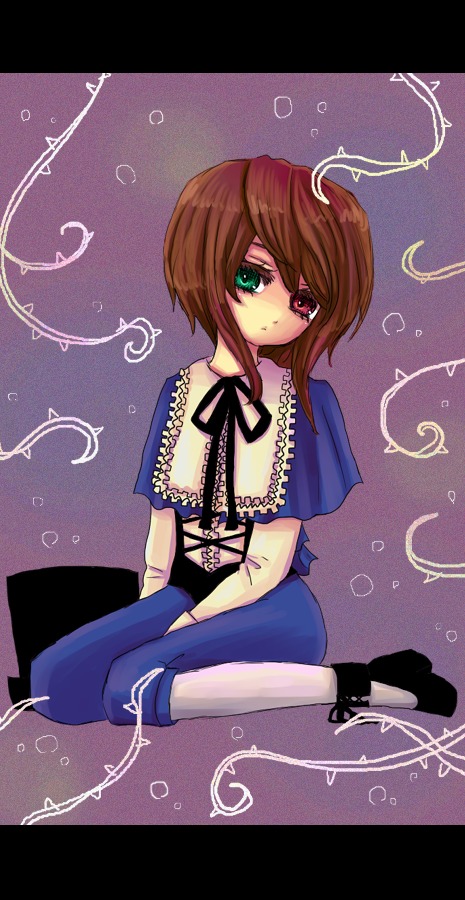 1girl ? brown_hair frills green_eyes heterochromia image letterboxed looking_at_viewer pants red_eyes short_hair sitting solo souseiseki