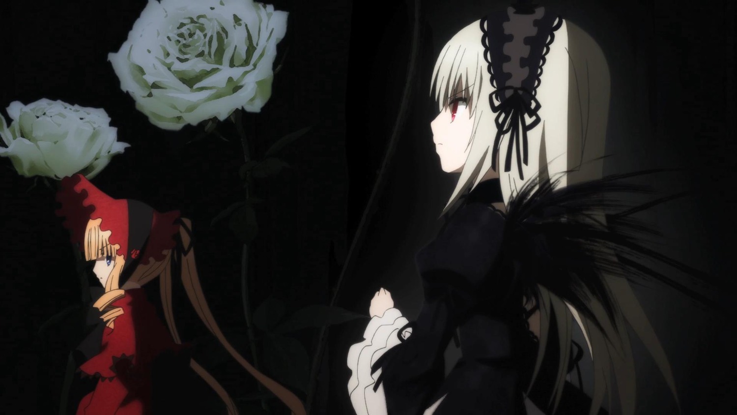 2girls black_dress black_wings blonde_hair doll dress expressionless flower frills hairband image juliet_sleeves long_hair long_sleeves multiple_girls pair profile red_eyes ribbon rose shinku silver_hair suigintou very_long_hair wings
