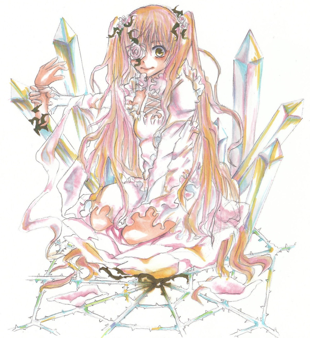 1girl dress eyepatch flower frills hair_flower hair_ornament image kirakishou long_hair long_sleeves pink_hair plant rose sitting solo thorns traditional_media two_side_up very_long_hair vines white_dress