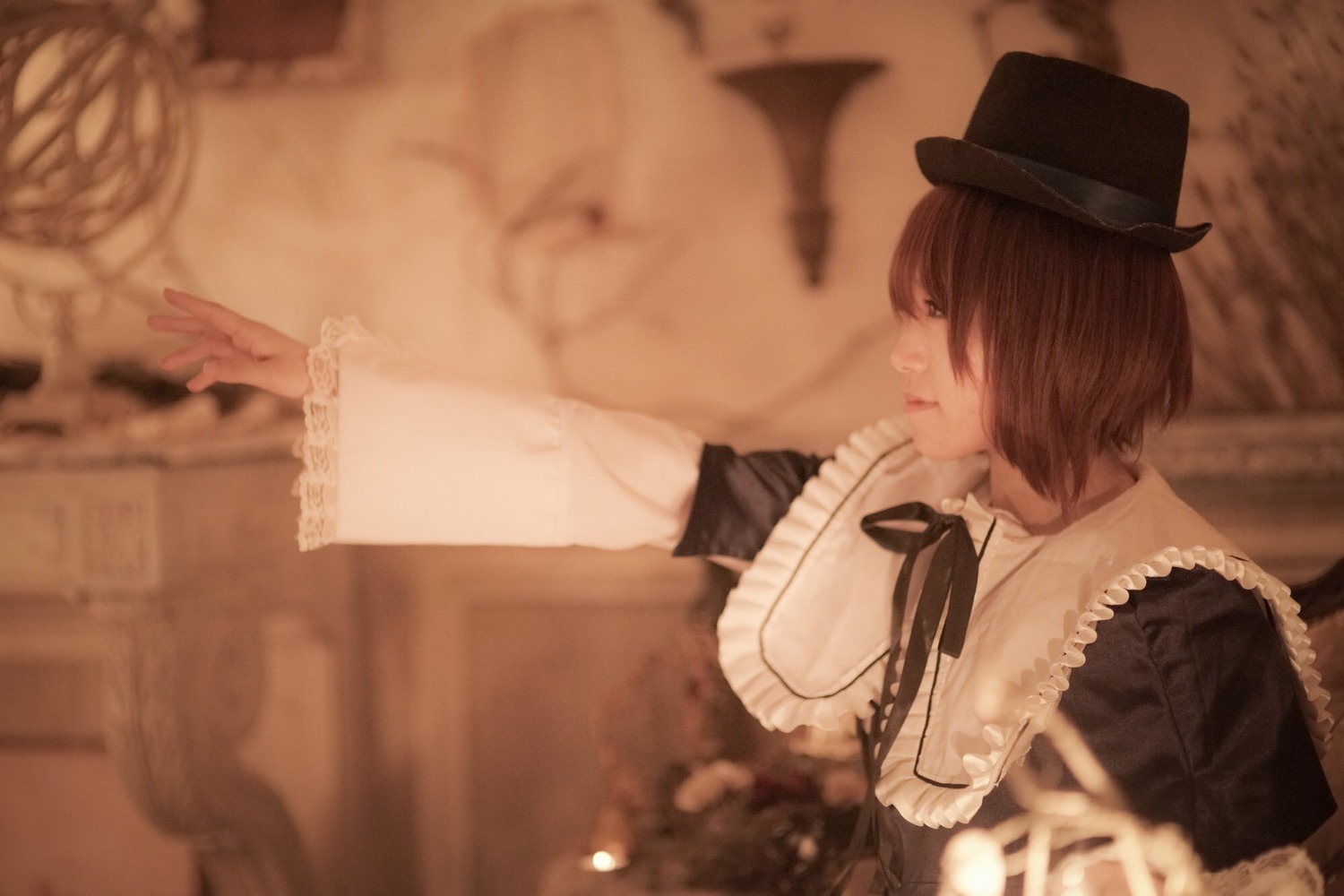 1girl black_ribbon blurry blurry_foreground brown_hair depth_of_field dress hat long_sleeves neck_ribbon ribbon short_hair solo souseiseki