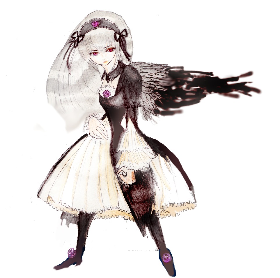 1girl black_wings boots dress flower full_body hairband image long_hair long_sleeves looking_at_viewer rose silver_hair simple_background solo standing suigintou white_background wings
