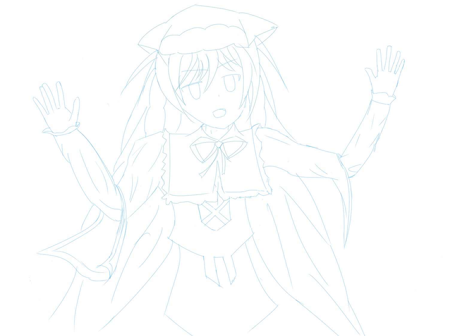 1girl animal_ears blush dress greyscale hat image long_hair long_sleeves monochrome open_mouth outstretched_arms solo striped suiseiseki vertical_stripes white_background